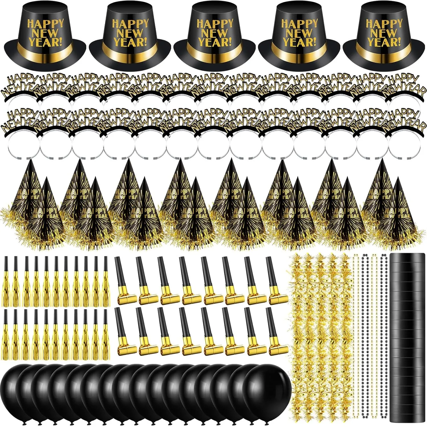 404 Pcs Gold & Black New Years Eve Party Supplies - Favors, Hats, Noise Makers, Tiaras, Horns, Fringe Squawkers, Necklaces, Streamers, Whistles, Papers, Balloons & Accessories