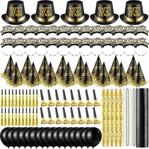 404 Pcs Gold & Black New Years Eve Party Supplies - Favors, Hats, Noise Makers, Tiaras, Horns, Fringe Squawkers, Necklaces, Streamers, Whistles, Papers, Balloons & Accessories