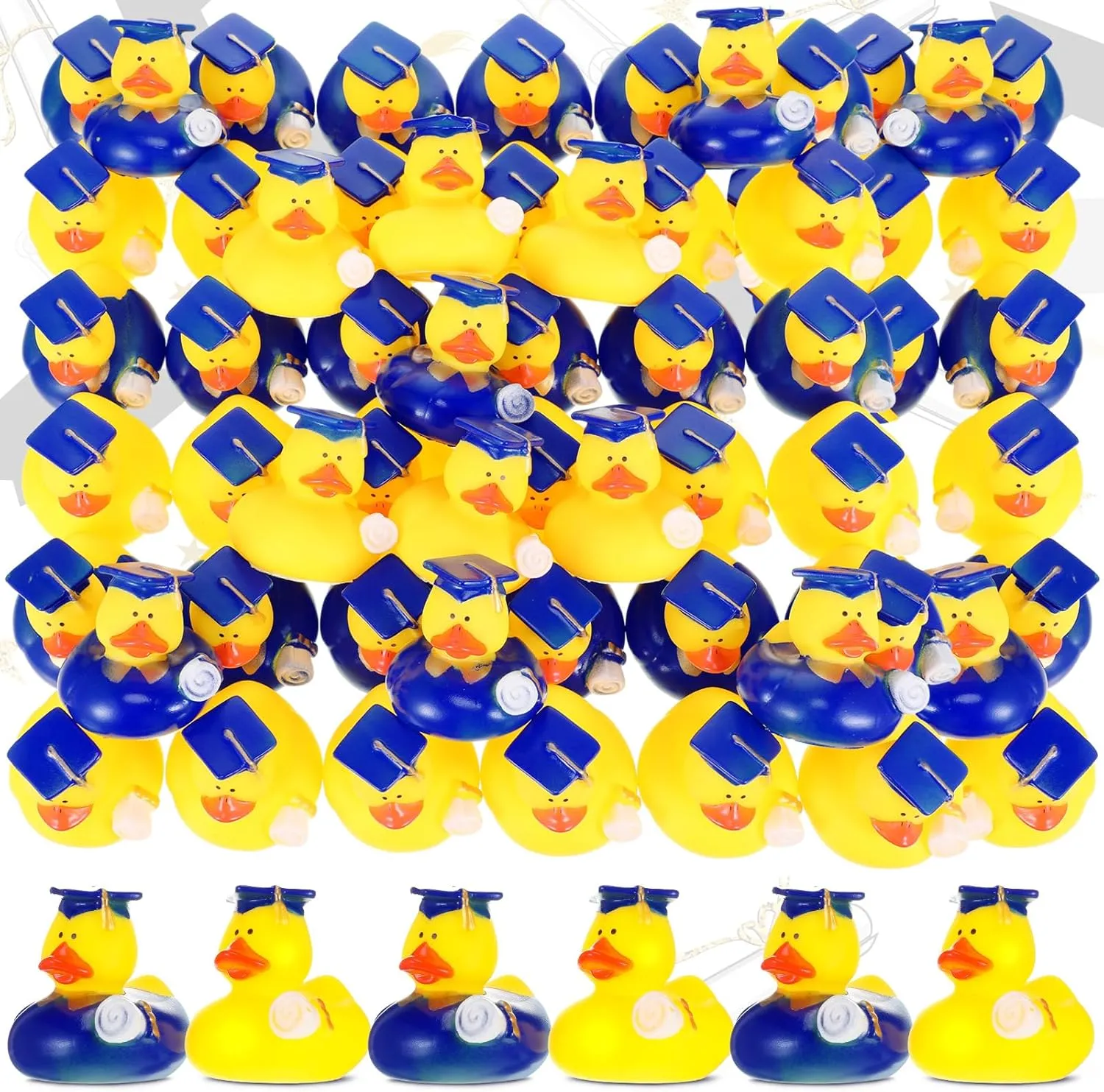 48 Pcs Mini Graduation Rubber Ducks with Graduation Tassel Cap and Certificate Gold Yellow Grad Duck for Pool Float Party Favors Decor Classroom Reward Prize Gifts, 2 Inch, 2 Style (Blue)