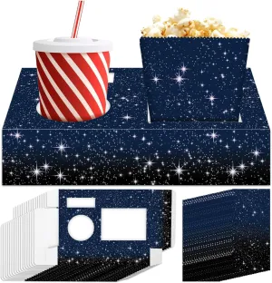 48Pcs Movie Night Supplies 24 Movie Night Snack Trays with 24 Popcorn Bags Theater Snack Boxes Space Theme Party Paper Food Trays Galaxy Food Boats for Starry Family Cinema Birthday Party