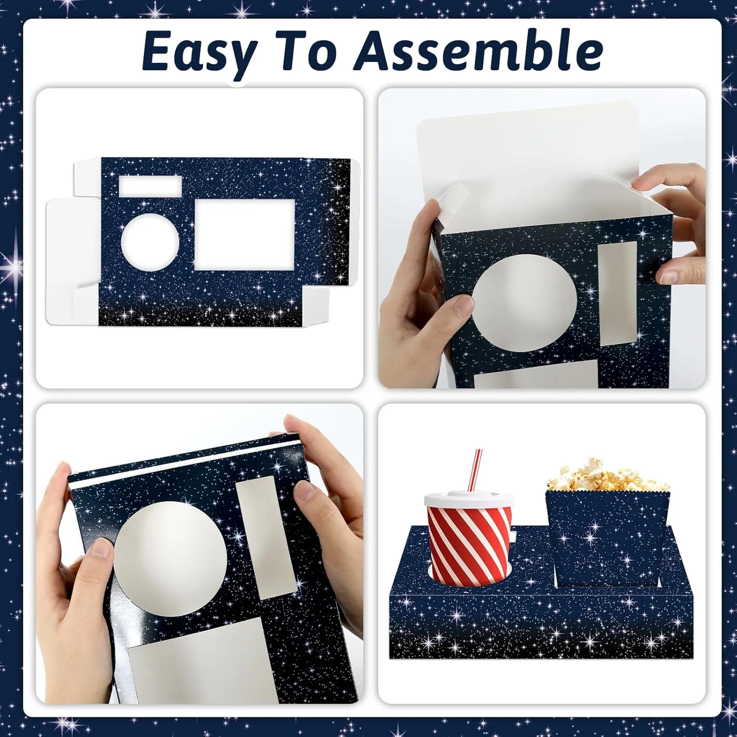 48Pcs Movie Night Supplies 24 Movie Night Snack Trays with 24 Popcorn Bags Theater Snack Boxes Space Theme Party Paper Food Trays Galaxy Food Boats for Starry Family Cinema Birthday Party