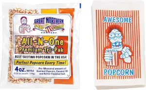 4oz Popcorn Packs and 100 Popcorn Bags – 12 Pre-Measured, All-in-One Kernels, Salt, Oil Packets for Popcorn Machines by Great Northern Popcorn