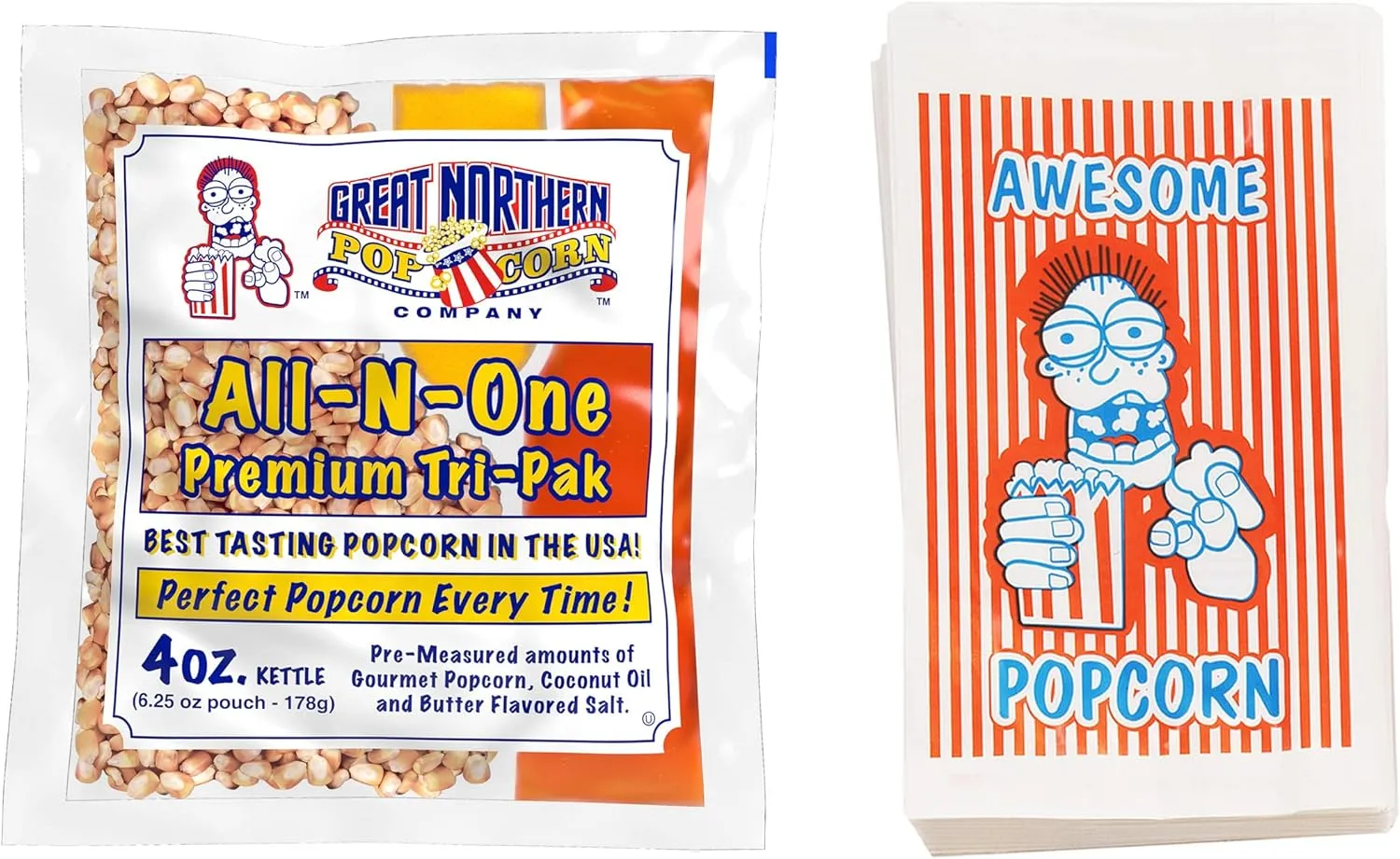 4oz Popcorn Packs and 100 Popcorn Bags – 12 Pre-Measured, All-in-One Kernels, Salt, Oil Packets for Popcorn Machines by Great Northern Popcorn