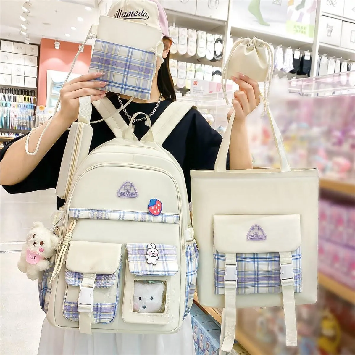 4Pcs Kawaii Backpack Set for Teens Girl Cute School Bag Combo Set Aesthetic Backpack with Pendant Pins Accessories