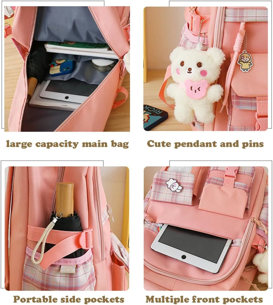 4Pcs Kawaii Backpack Set for Teens Girl Cute School Bag Combo Set Aesthetic Backpack with Pendant Pins Accessories