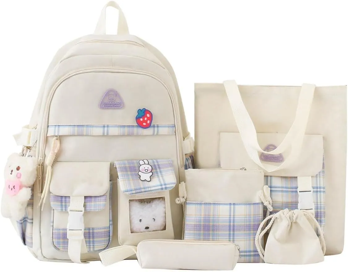 4Pcs Kawaii Backpack Set for Teens Girl Cute School Bag Combo Set Aesthetic Backpack with Pendant Pins Accessories