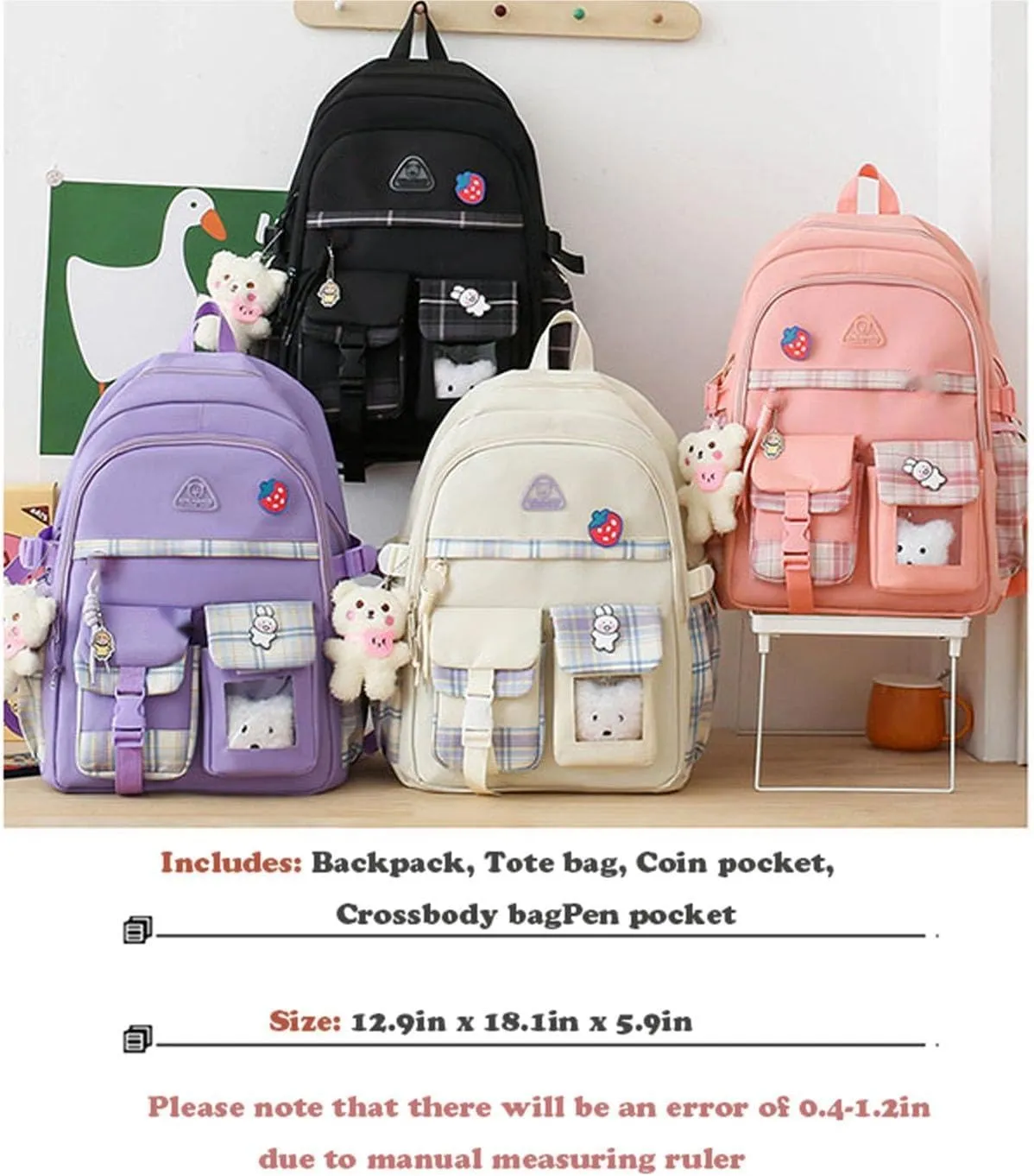 4Pcs Kawaii Backpack Set for Teens Girl Cute School Bag Combo Set Aesthetic Backpack with Pendant Pins Accessories