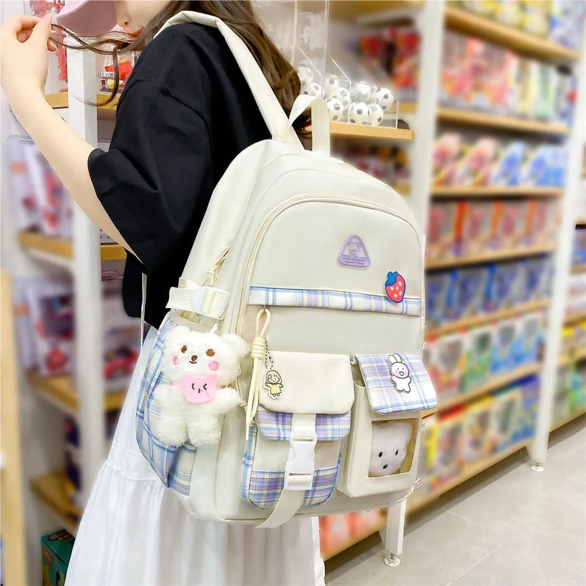 4Pcs Kawaii Backpack Set for Teens Girl Cute School Bag Combo Set Aesthetic Backpack with Pendant Pins Accessories