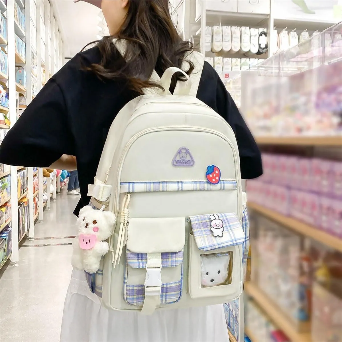 4Pcs Kawaii Backpack Set for Teens Girl Cute School Bag Combo Set Aesthetic Backpack with Pendant Pins Accessories