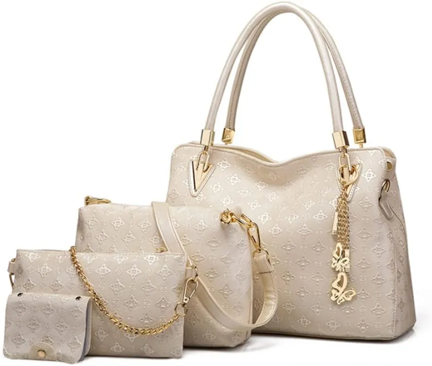 4pcs Top-handle Handbag Satchel for Women PU Printing Tote Purse Shoulder Bag Clutch Card Holder