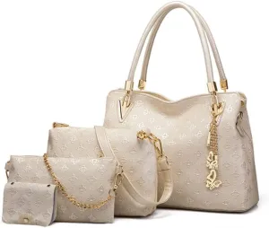 4pcs Top-handle Handbag Satchel for Women PU Printing Tote Purse Shoulder Bag Clutch Card Holder