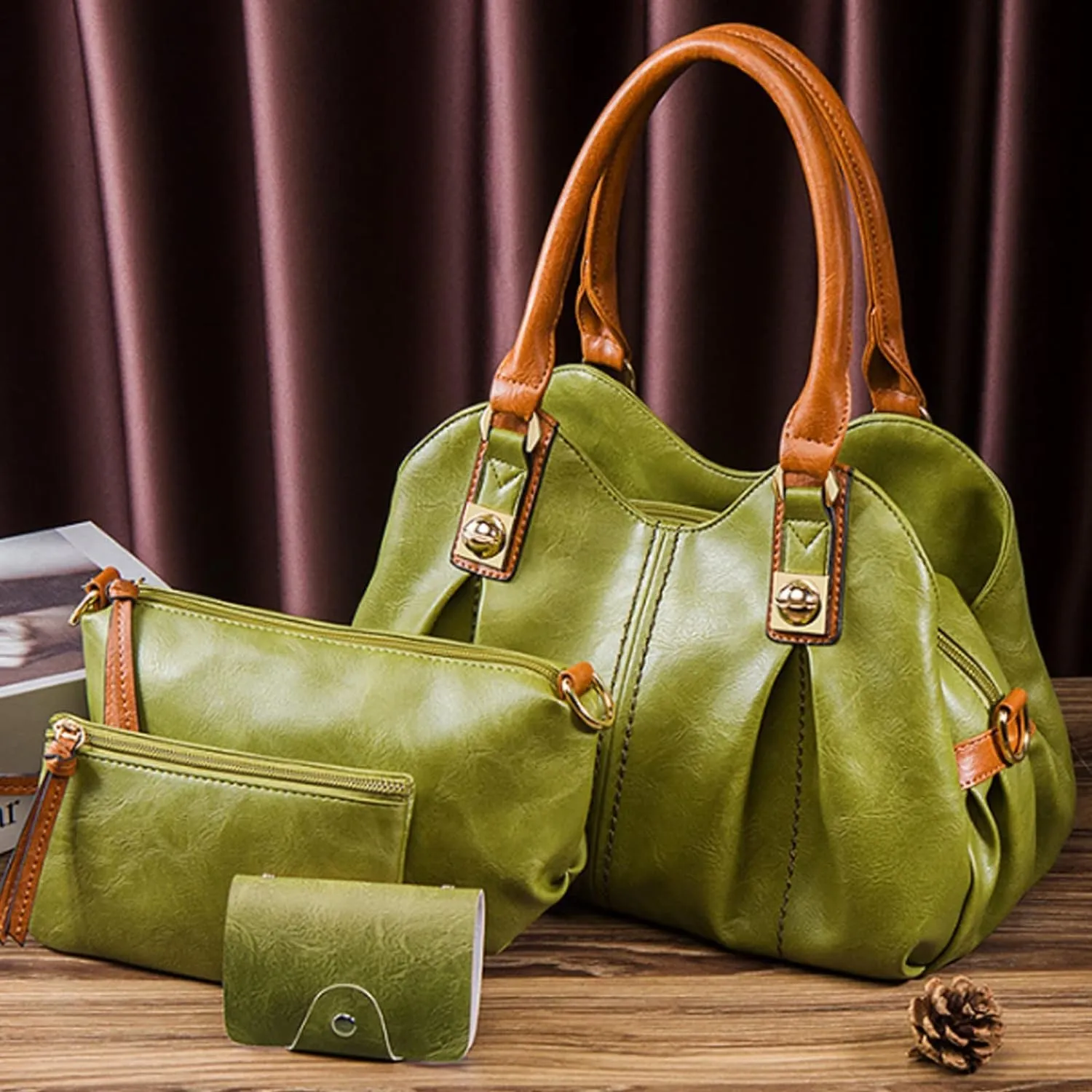 4pcs Women Retro Top-Handle Handbag Set Tote Purse Faux Leather Shoulder Bag Clutch Card Holder
