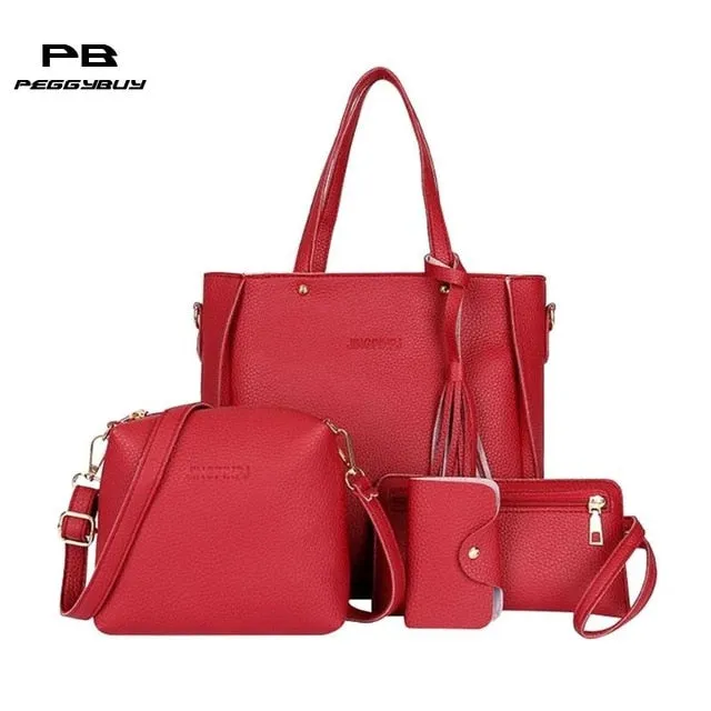 4pcs/Set Lichi Leather Tassels Shoulder Bag