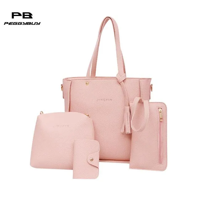 4pcs/Set Lichi Leather Tassels Shoulder Bag