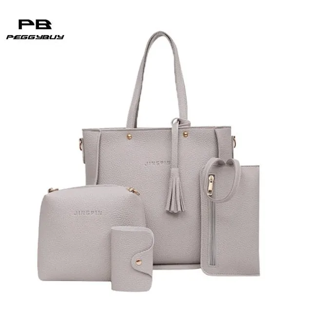 4pcs/Set Lichi Leather Tassels Shoulder Bag