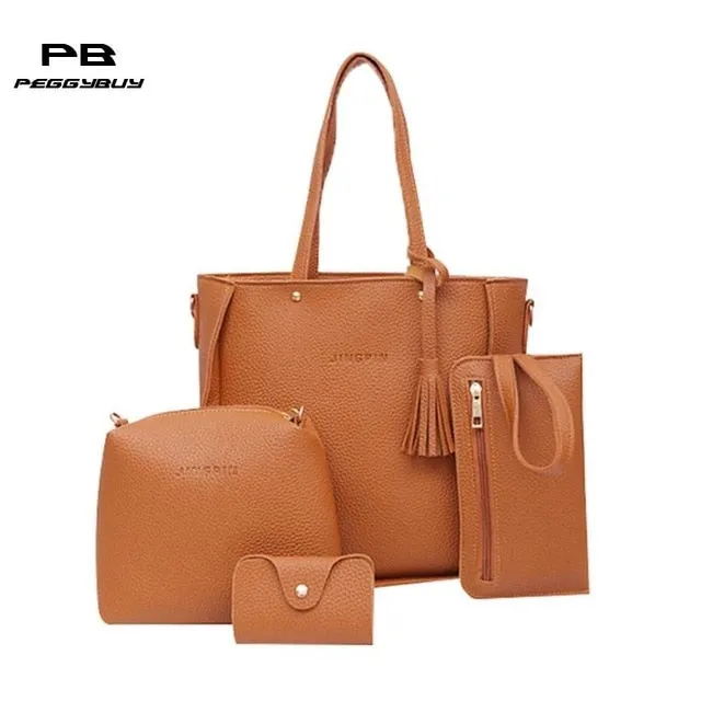 4pcs/Set Lichi Leather Tassels Shoulder Bag