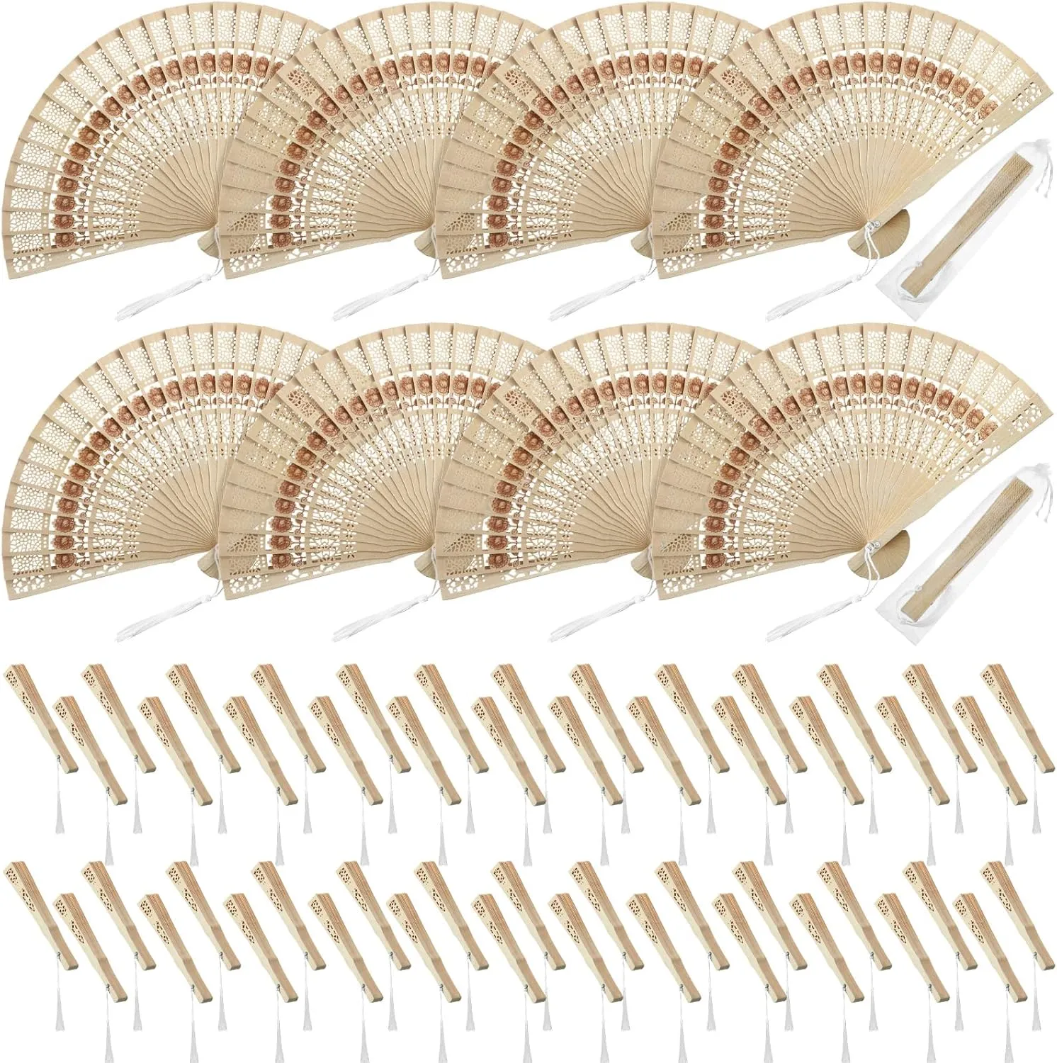 50 Pack Wedding Fan Sandalwood Folding Fans Favors with Tassels and Present Bags Sunflower Pattern Foldable Hand Fans Bulk Abanicos De Mano Para Fiesta for Wedding Guests Party Supplies