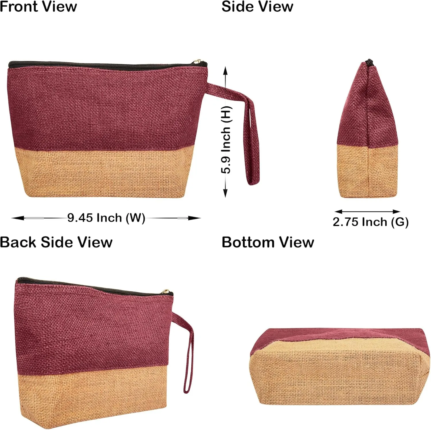 6-Pack Deep Red Colour Jute Cosmetic Pouches – Zippered Bags for Makeup & Toiletries | Unlaminated Interior, Travel-Friendly Organizer – 9.45″ x 5.9″ x 2.75″