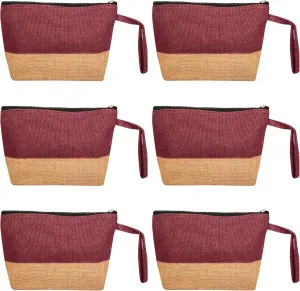 6-Pack Deep Red Colour Jute Cosmetic Pouches – Zippered Bags for Makeup & Toiletries | Unlaminated Interior, Travel-Friendly Organizer – 9.45″ x 5.9″ x 2.75″