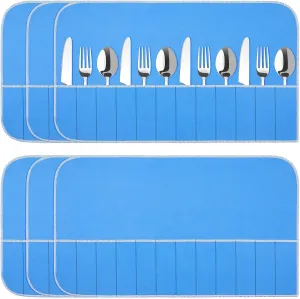 6 Pieces Silver Storage Bags Anti Tarnish Silver Protector Bags Blue Holder for Flatware Storage Organizer Place Setting Roll with White Ribbon for Kitchen Utensils