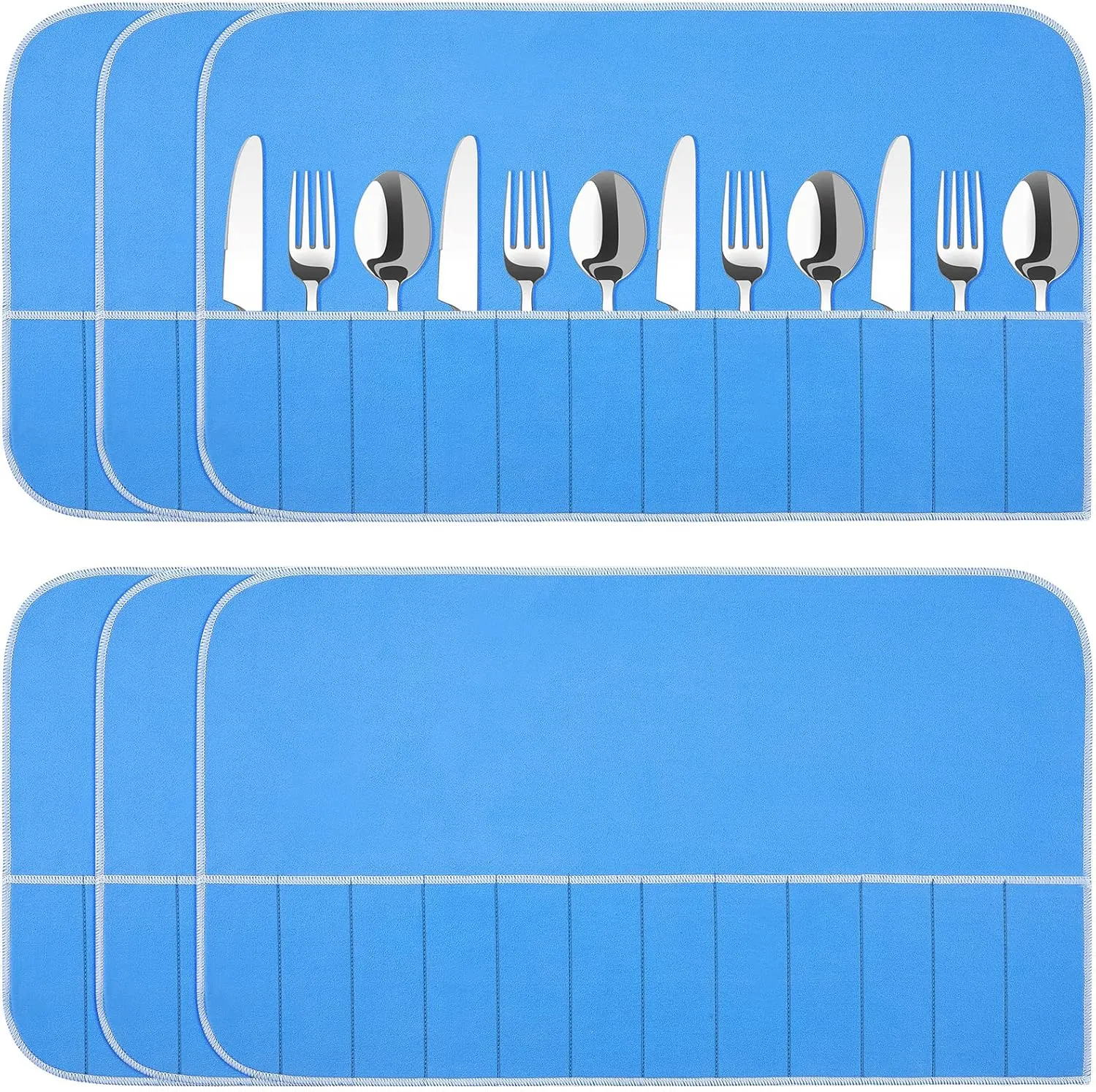6 Pieces Silver Storage Bags Anti Tarnish Silver Protector Bags Blue Holder for Flatware Storage Organizer Place Setting Roll with White Ribbon for Kitchen Utensils