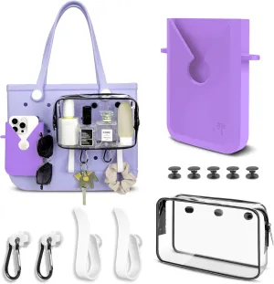 6PCS Accessories for Medium XL Bogg Bag,Can Be Installed Inside and Outside the Beach Bag.Includes Silicone Phone Holder,PVC Insert Bag,Hooks,and Keychain (Purple)
