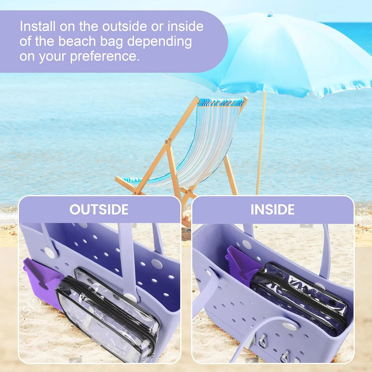 6PCS Accessories for Medium XL Bogg Bag,Can Be Installed Inside and Outside the Beach Bag.Includes Silicone Phone Holder,PVC Insert Bag,Hooks,and Keychain (Purple)