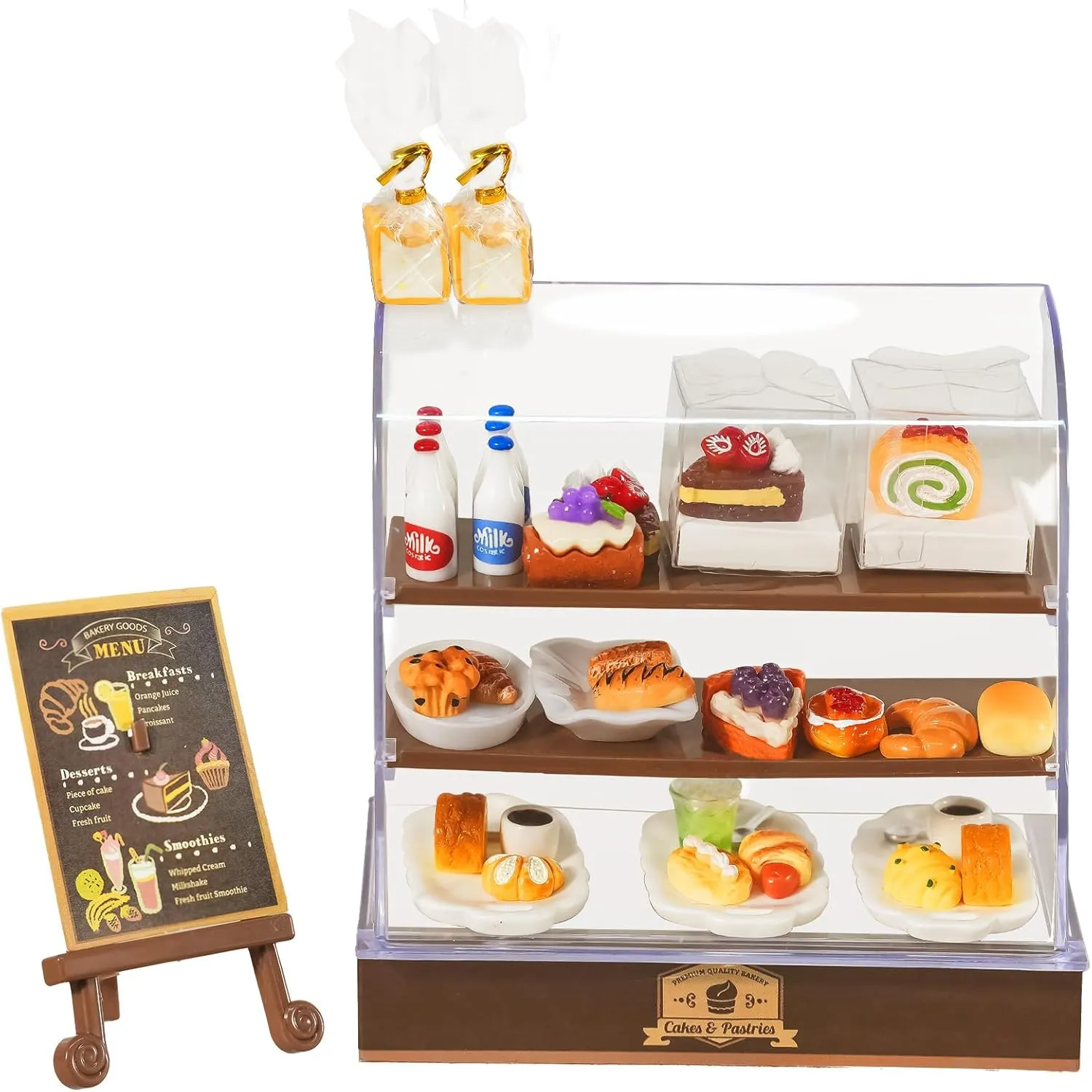 92 Pcs Miniature Bakery Case Cake Stand Cabinet with Mini Foods Set Miniature Food Cake Bread Dessert Milk Donuts for 1:12 Scale Mini Bakery Bread Shop Scene Models Mini House Kitchen Accessory