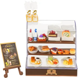 92 Pcs Miniature Bakery Case Cake Stand Cabinet with Mini Foods Set Miniature Food Cake Bread Dessert Milk Donuts for 1:12 Scale Mini Bakery Bread Shop Scene Models Mini House Kitchen Accessory