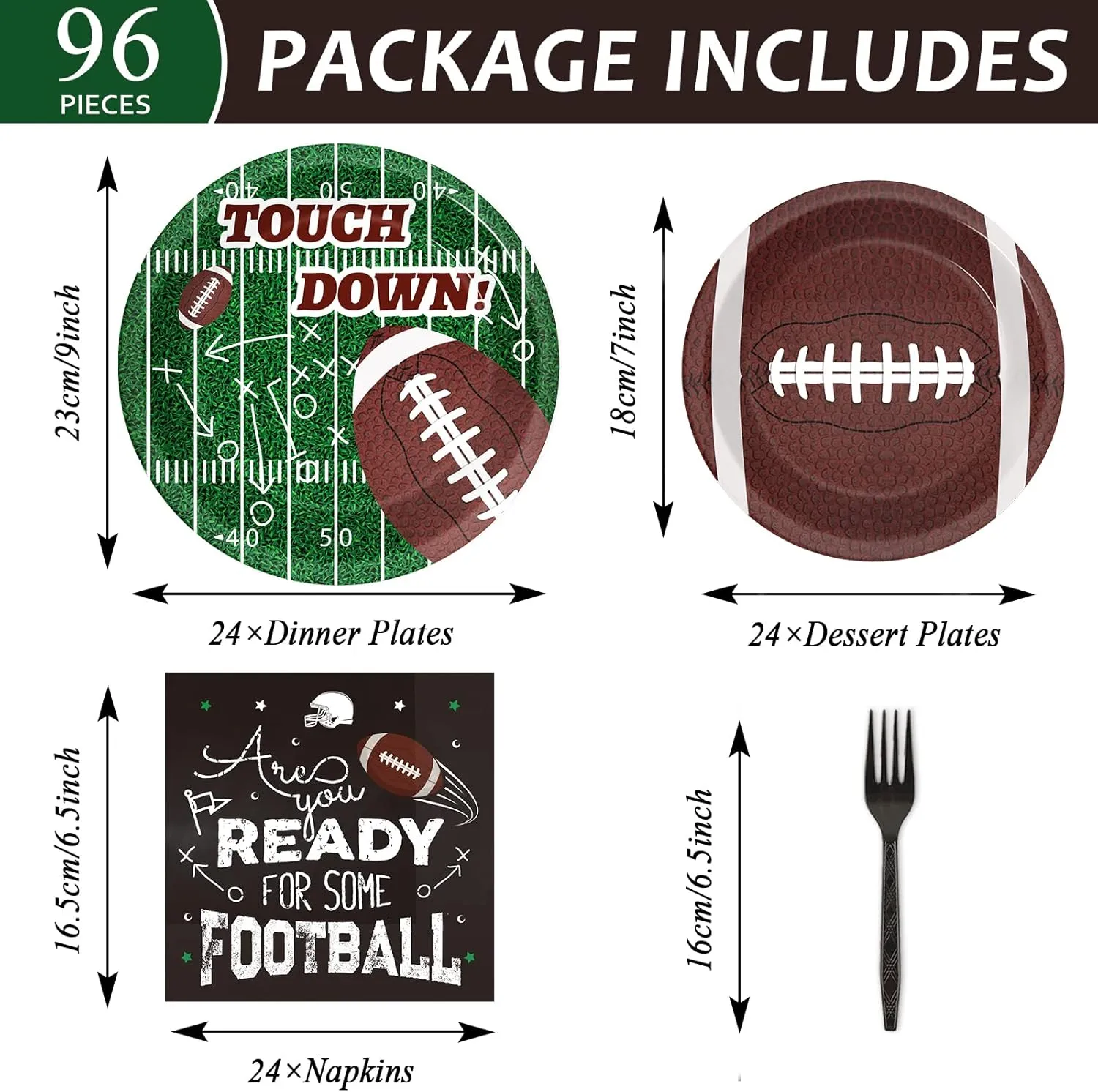 96 Pieces Football Tableware Set 24 Guests for Football Birthday Table Decorations Supplies Touchdown Football Game Day Party Dessert Plates Napkins Forks Birthday Party Favors
