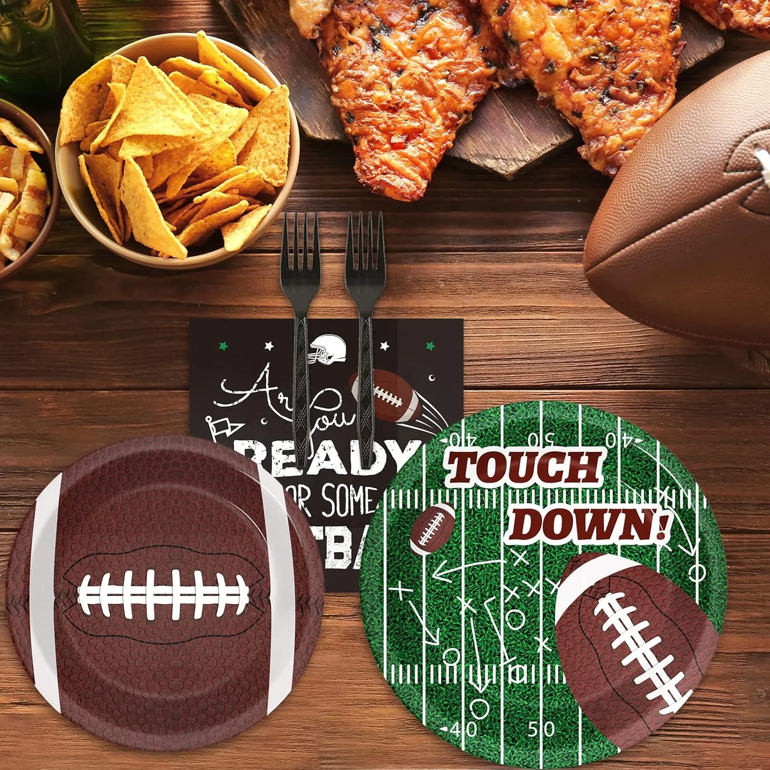 96 Pieces Football Tableware Set 24 Guests for Football Birthday Table Decorations Supplies Touchdown Football Game Day Party Dessert Plates Napkins Forks Birthday Party Favors