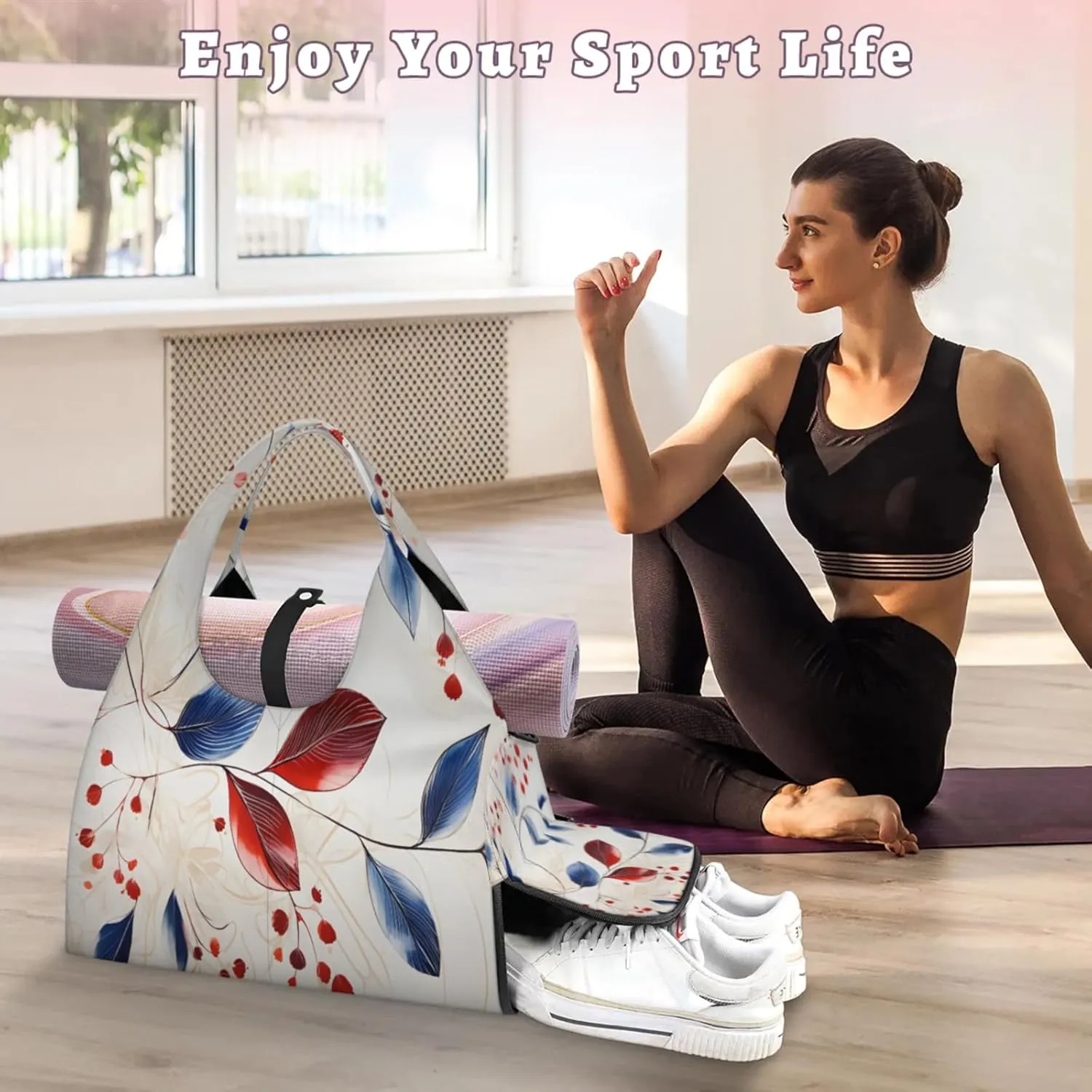Abstract Red Bloom Waterproof Gym Bag for Men Women, Sports Duffel Bag with Shoe Compartment Yoga Mat Holder, Portable Large Travel Bag for Fitness, Camping, Weekend Trips
