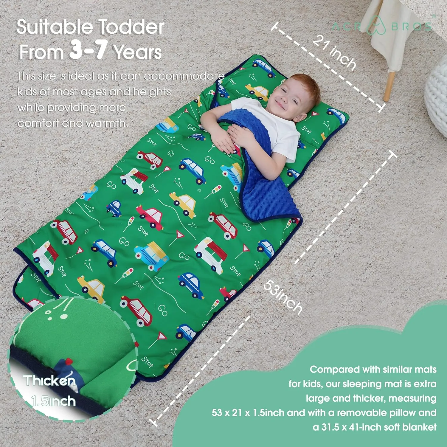 ACRABROS Toddler Nap Mat with Pillow and Blanket, Extra Large Rolled Napping Mats,Slumber Bags for Boys Girls,Kids Sleeping Bag for Daycare, Preschool Travel Camping,Car