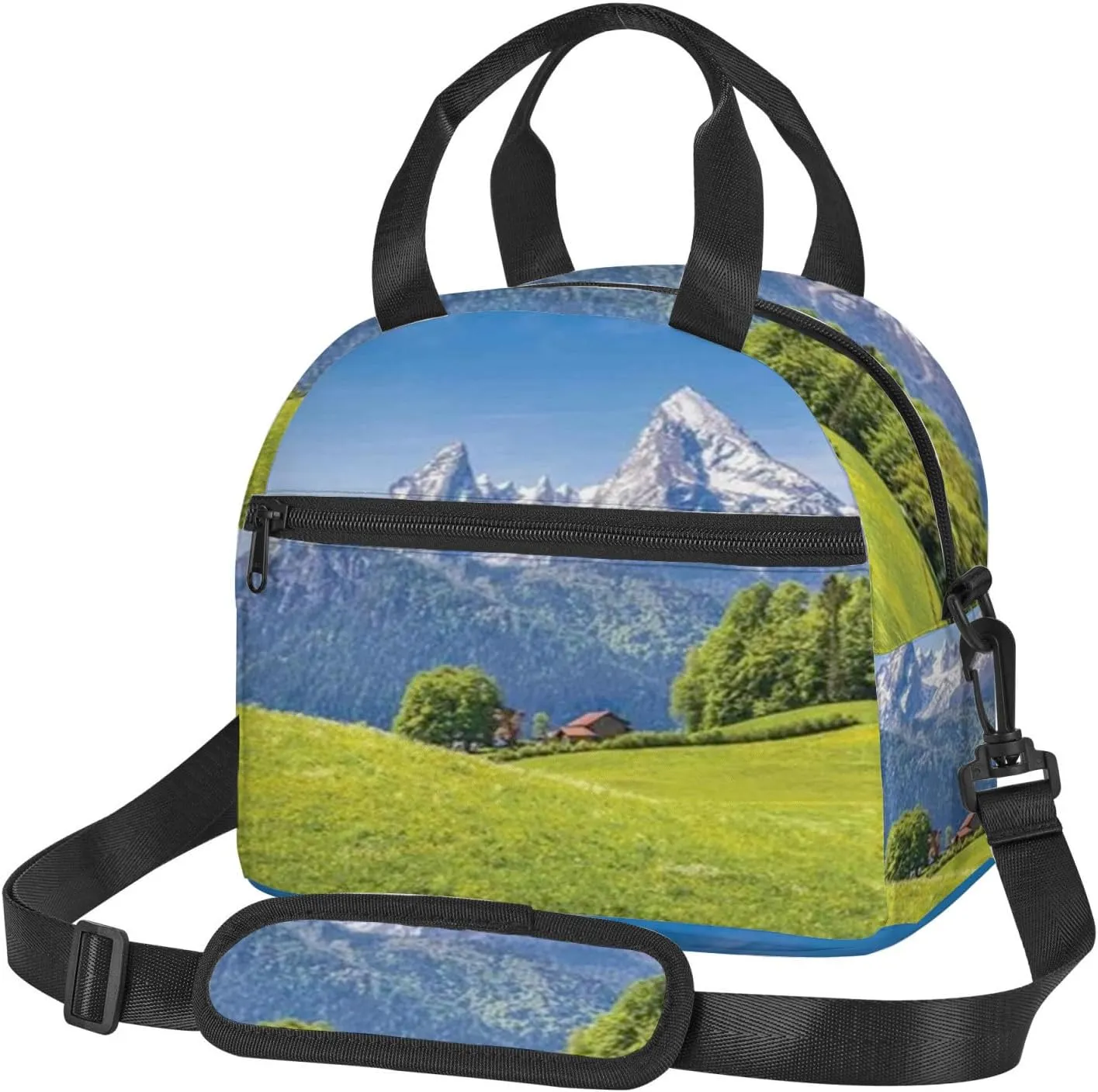 Alps,Insulated Reusable Lunch Bag with Adjustable Shoulder Strap for Adults,Landscape in The Alps with Green Meadows,Leakproof Office Picnic Hiking Beach Tote Bag,Green,9x5x7.8in