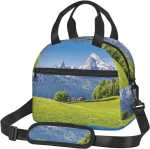 Alps,Insulated Reusable Lunch Bag with Adjustable Shoulder Strap for Adults,Landscape in The Alps with Green Meadows,Leakproof Office Picnic Hiking Beach Tote Bag,Green,9x5x7.8in