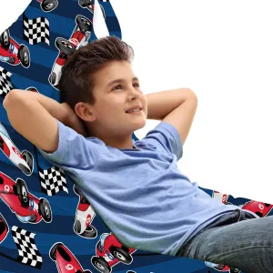 Ambesonne Cars Lounger Chair Bag, Vintage Racing Cars on Blue Stripes with Checkered Flags Automobile Sports, High Capacity Storage with Handle Container, Lounger Size, Navy Blue Red Black