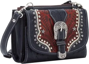 American West Western Leather Crossbody with Wallet for Women - Navy