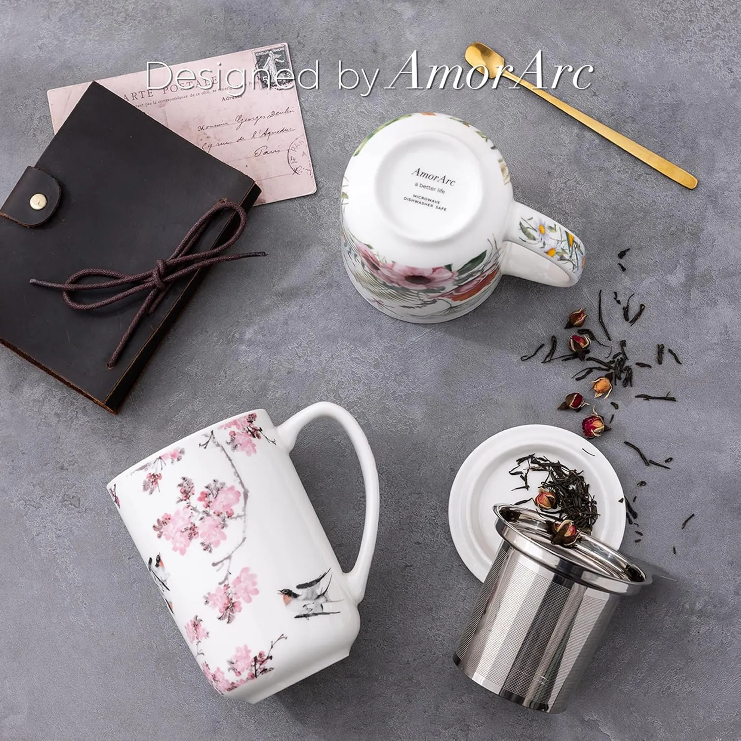 AmorArc Porcelain Tea Mug with Infuser and Lids, 18 Oz Coffee Cup Strainer with Bag Holder for Loose Leaf Tea, Steeping Coffee Mug for House-warming Wedding Birthday Gift