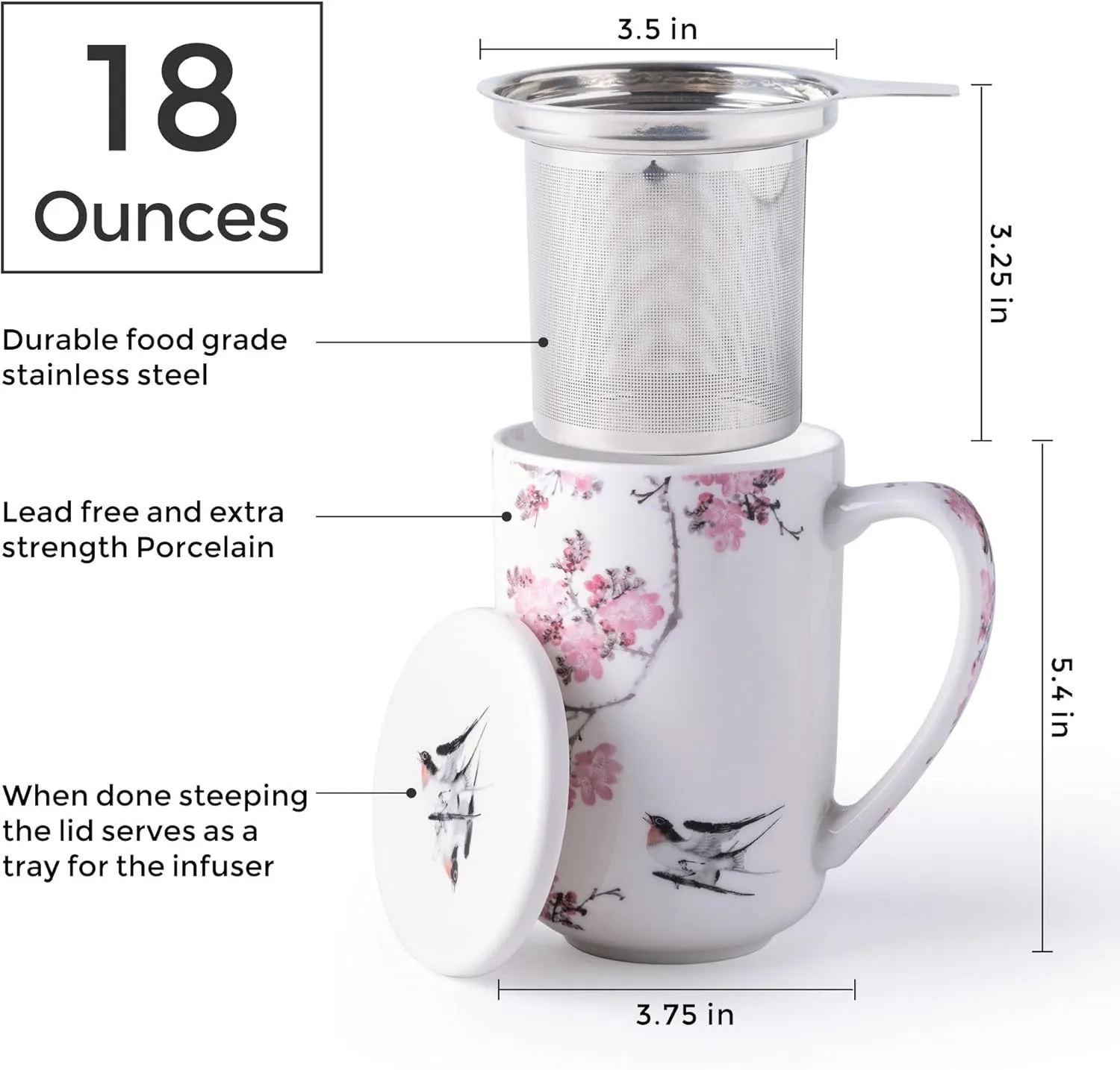 AmorArc Porcelain Tea Mug with Infuser and Lids, 18 Oz Coffee Cup Strainer with Bag Holder for Loose Leaf Tea, Steeping Coffee Mug for House-warming Wedding Birthday Gift