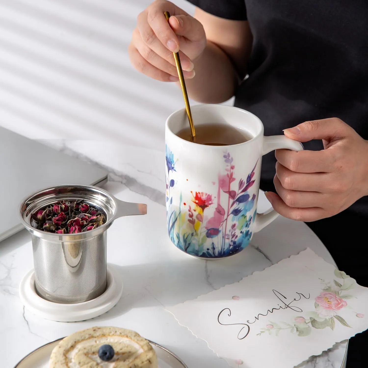 AmorArc Porcelain Tea Mug with Infuser and Lids, 18 Oz Large Cup Strainer with Bag Holder for Loose Leaf Tea, Steeping Coffee Mug for House-warming Wedding Birthday Gift