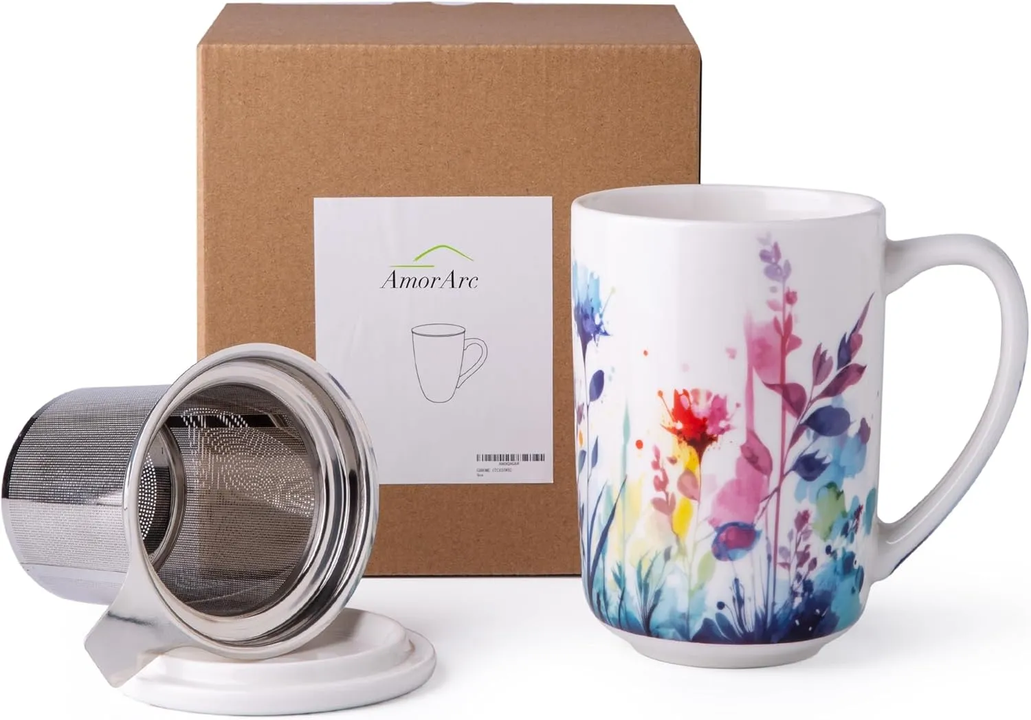 AmorArc Porcelain Tea Mug with Infuser and Lids, 18 Oz Large Cup Strainer with Bag Holder for Loose Leaf Tea, Steeping Coffee Mug for House-warming Wedding Birthday Gift