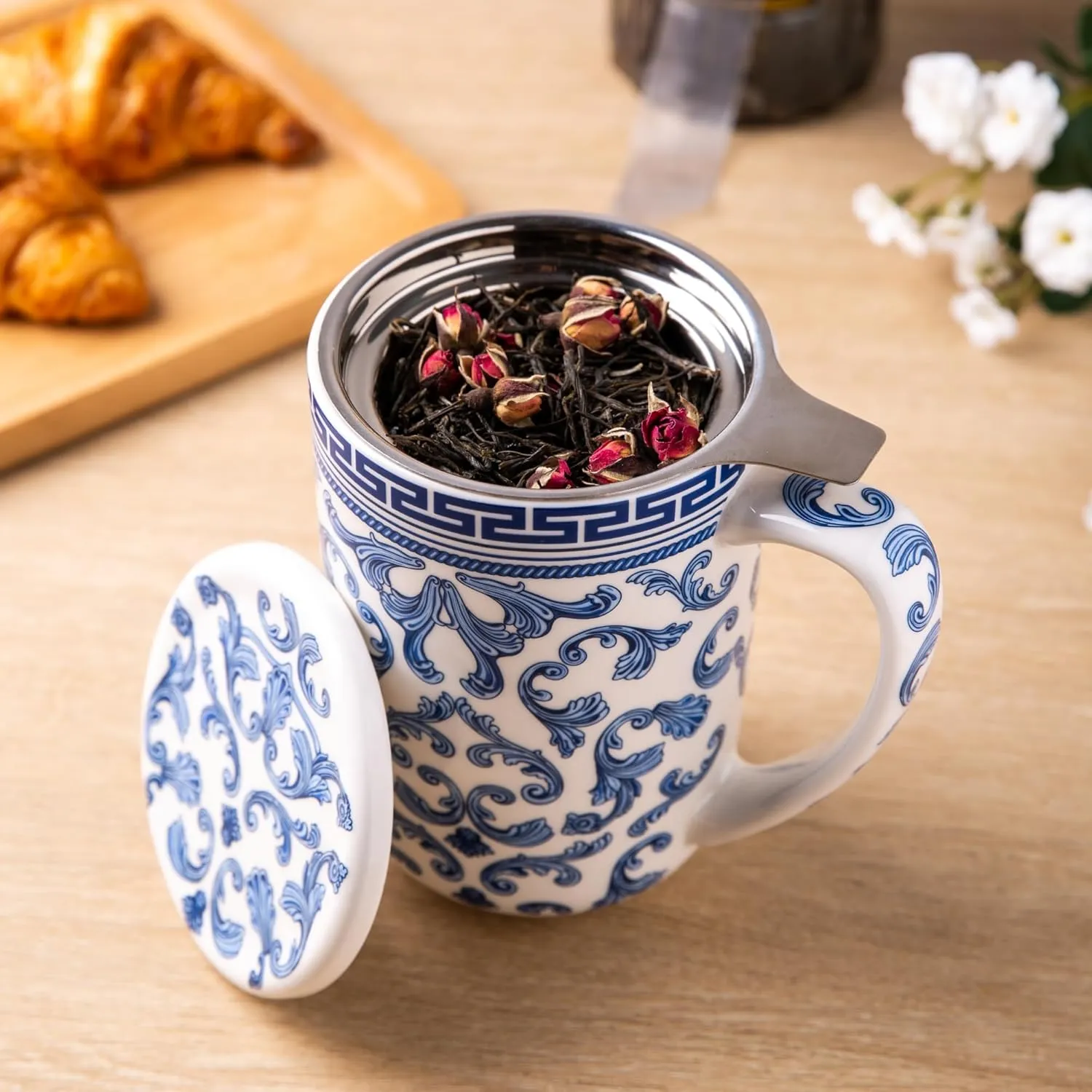 AmorArc Porcelain Tea Mug with Infuser and Lids, 18 Oz Large Cup Strainer with Bag Holder for Loose Leaf Tea, Steeping Coffee Mug for House-Warming Wedding Birthday Gift