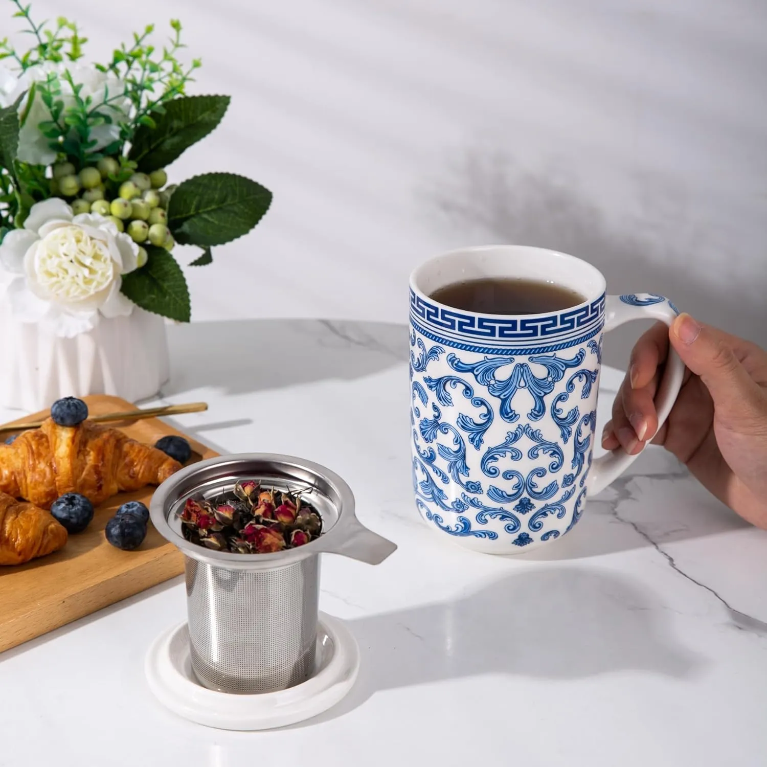 AmorArc Porcelain Tea Mug with Infuser and Lids, 18 Oz Large Cup Strainer with Bag Holder for Loose Leaf Tea, Steeping Coffee Mug for House-Warming Wedding Birthday Gift