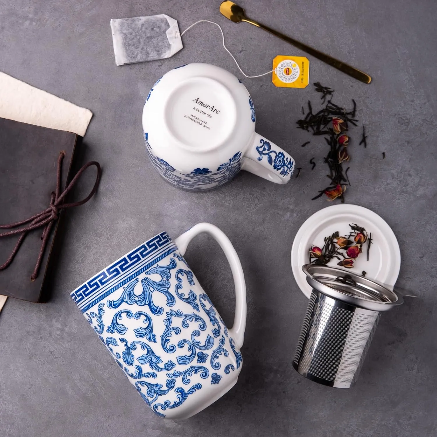 AmorArc Porcelain Tea Mug with Infuser and Lids, 18 Oz Large Cup Strainer with Bag Holder for Loose Leaf Tea, Steeping Coffee Mug for House-Warming Wedding Birthday Gift