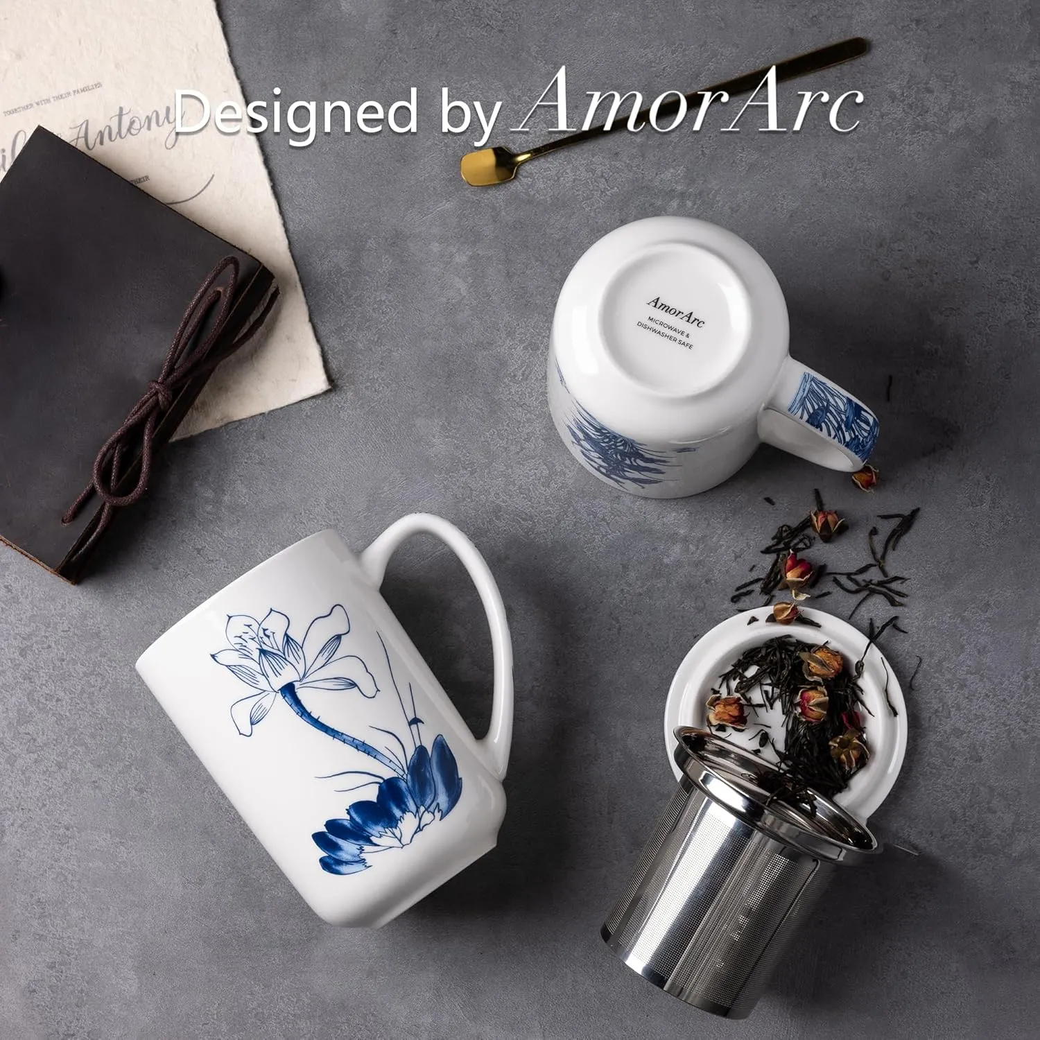 AmorArc Porcelain Tea Mug with Infuser and Lids, 18 Oz Large Cup Strainer with Bag Holder for Loose Leaf Tea, Steeping Coffee Mug for House-warming Wedding Birthday Gift