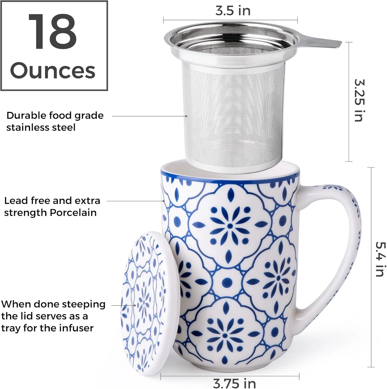 AmorArc Porcelain Tea Mug with Infuser and Lids, 18 Oz Large Cup Strainer with Bag Holder for Loose Leaf Tea, Steeping Coffee Mug for House-Warming Wedding Birthday Gift