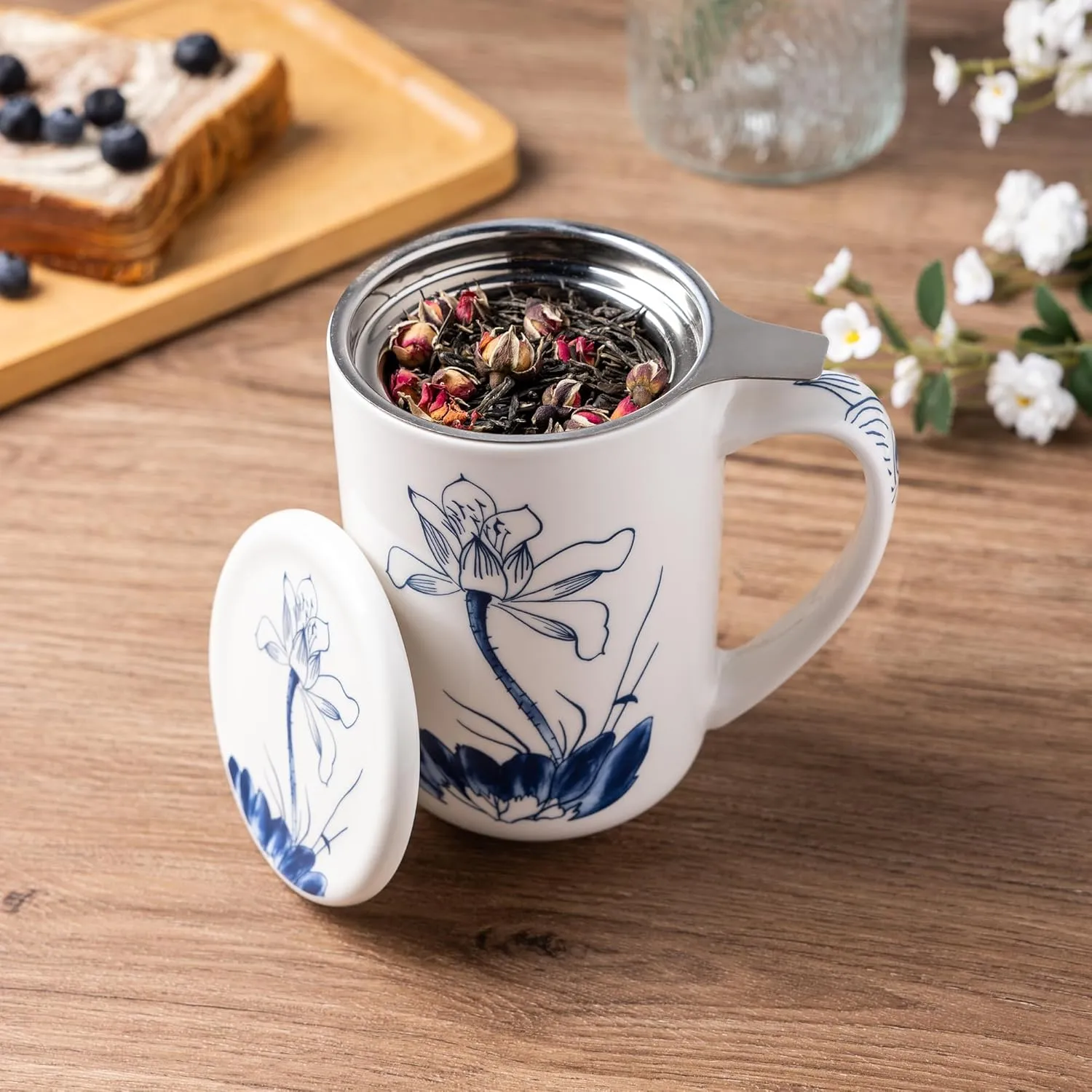 AmorArc Porcelain Tea Mug with Infuser and Lids, 18 Oz Large Cup Strainer with Bag Holder for Loose Leaf Tea, Steeping Coffee Mug for House-warming Wedding Birthday Gift