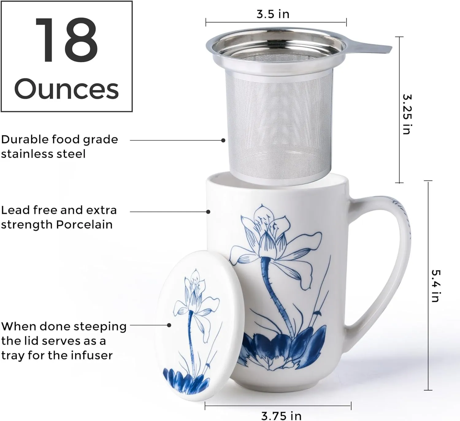 AmorArc Porcelain Tea Mug with Infuser and Lids, 18 Oz Large Cup Strainer with Bag Holder for Loose Leaf Tea, Steeping Coffee Mug for House-warming Wedding Birthday Gift