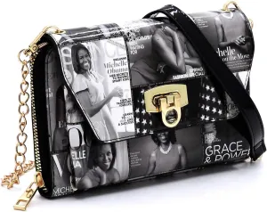 Amy & Joey Glossy Magazine Cover Collage Michelle Obama Printed Crossbody Wallet Clutch Bags with Flap and Zip Around Closure (Single Zip-Grey/Black)