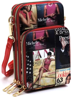 Amy & Joey Magazine Cover Collage Michelle Obama Printed Crossbody Bag Cellphone Purse Wallet (MULTI/RD)
